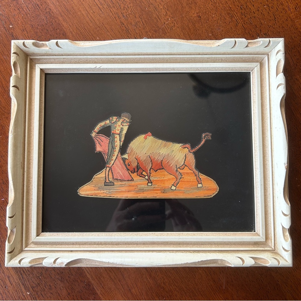 Vintage Mexican Popotillo/Popote Straw Art Matador & Bull